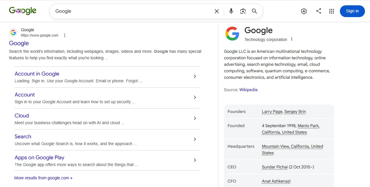 Google Knowledge Panel Screenshot
