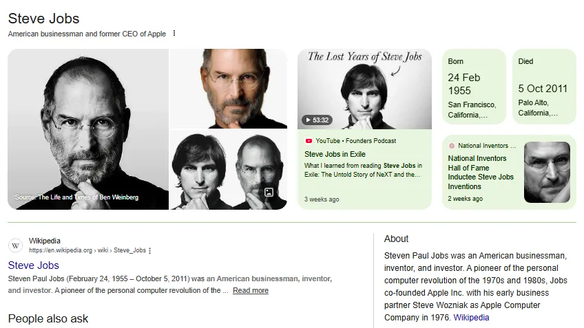 Steve Jobs Knowledge Panel Screenshot