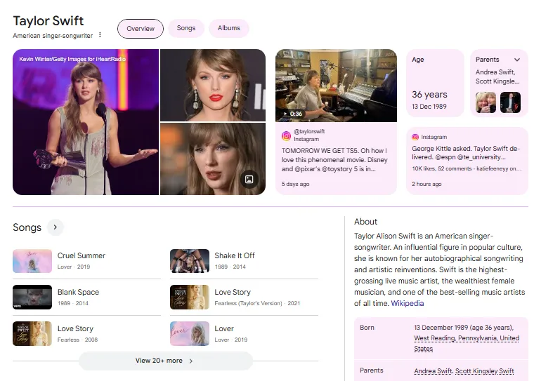 Taylor Swift Knowledge Panel Screenshot