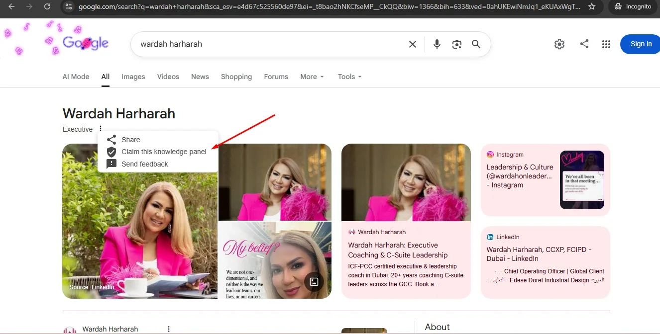 Google search for Wardah Harharah showing Knowledge Panel on the right side