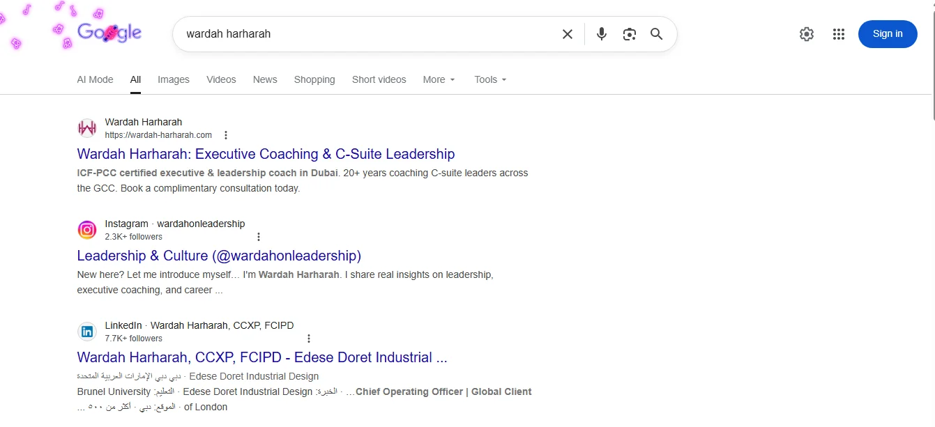 Google search for Wardah Harharah before Knowledge Panel — no panel showing
