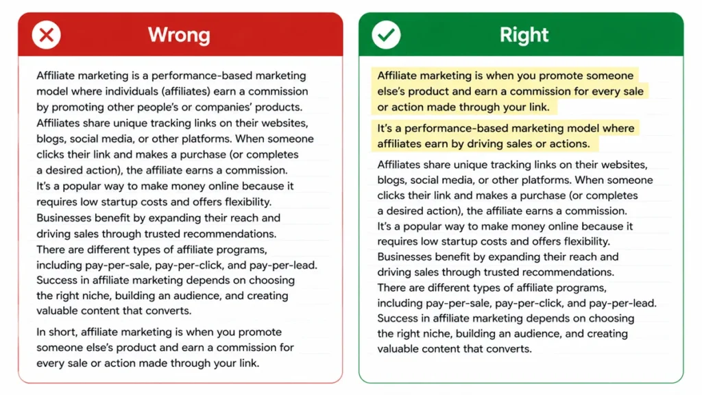 Before and after example of answer-first content structure that helps get cited in ChatGPT answers