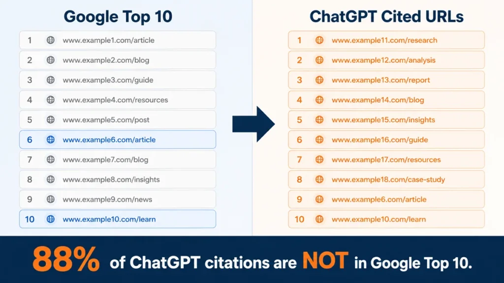 88% of URLs cited in ChatGPT answers do not appear in Google's top 10 search results