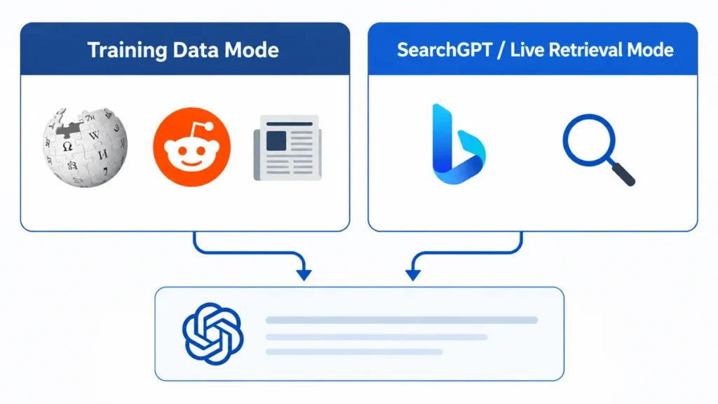 Diagram showing the difference between ChatGPT training data mode and SearchGPT live retrieval mode for ranking in ChatGPT answers