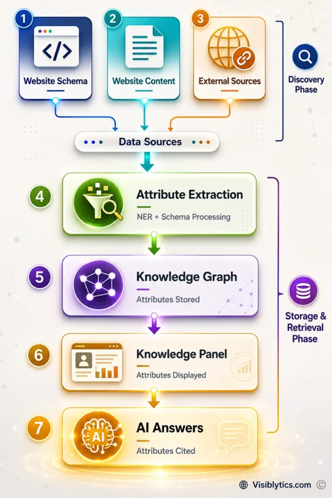 Vertical flow diagram showing the complete entity attribute journey from discovery sources (Website Schema, Website Content, External Sources) through Attribute Extraction, Knowledge Graph storage, Knowledge Panel display, and AI Answers citation.