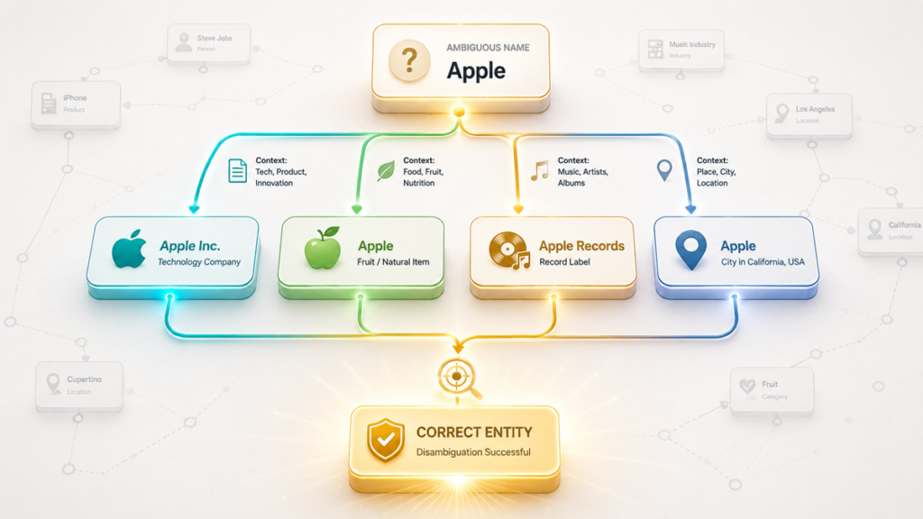 3D isometric visualization showing the entity disambiguation process with an ambiguous name at the top branching into four possible entity candidates, then converging into a single verified and correct entity record with a checkmark icon.