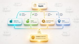 3D isometric visualization showing the entity disambiguation process with an ambiguous name at the top branching into four possible entity candidates, then converging into a single verified and correct entity record with a checkmark icon.