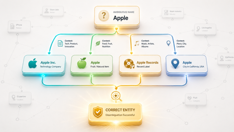 3D isometric visualization showing the entity disambiguation process with an ambiguous name at the top branching into four possible entity candidates, then converging into a single verified and correct entity record with a checkmark icon.