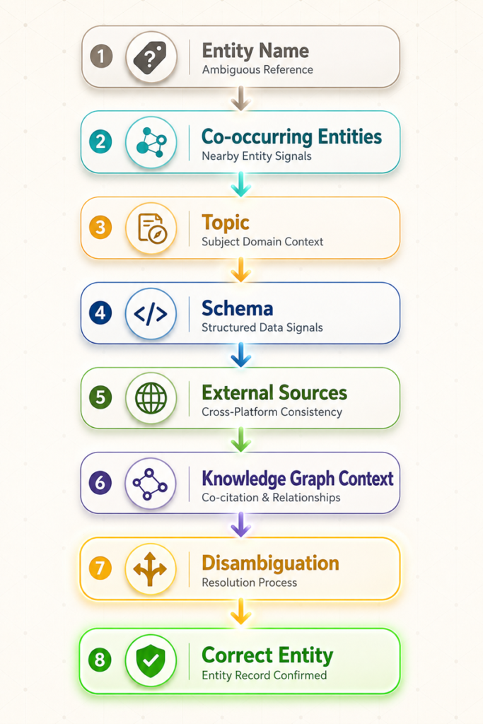 Vertical flow diagram showing the entity disambiguation signal stack from an ambiguous entity name through co-occurring entities, topic context, schema markup, external sources, and knowledge graph context to disambiguation and the correct entity record.