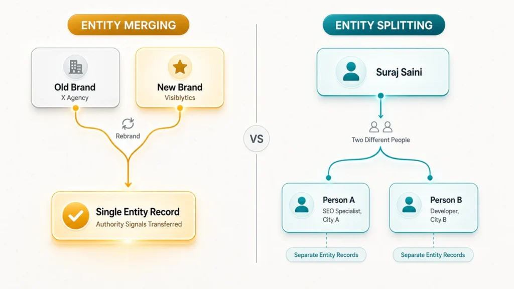 Vertical flow diagram illustrating the entity reconciliation process from conflicting signals (website, LinkedIn, Wikidata, Wikipedia, news articles) through source evaluation, confidence scoring, and entity reconciliation, culminating in a single verified entity record in the knowledge graph.