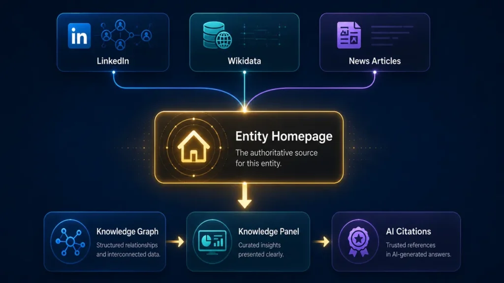 Flow diagram showing the entity reconciliation process where external mentions from LinkedIn, Wikidata, and news articles converge into the entity homepage, then flow through the knowledge graph and knowledge panel to generate AI citations.