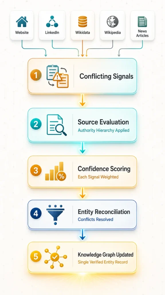 Vertical flow diagram illustrating the entity reconciliation process from conflicting signals (website, LinkedIn, Wikidata, Wikipedia, news articles) through source evaluation, confidence scoring, and entity reconciliation, culminating in a single verified entity record in the knowledge graph.