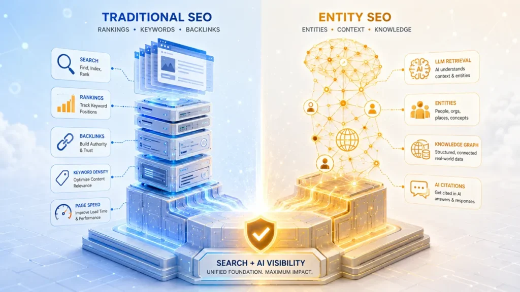 Split-screen 3D illustration comparing traditional keyword-focused SEO on the left with entity-based knowledge graph and AI citation SEO on the right, converging into unified search and AI visibility.