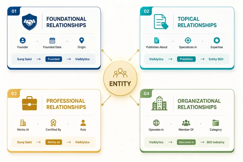 Four-panel diagram illustrating the four types of entity relationships: foundational relationships (founder, founding date), topical relationships (publishes about, specializes in), professional relationships (works at, certified by), and organizational relationships (operates in, member of, industry category).