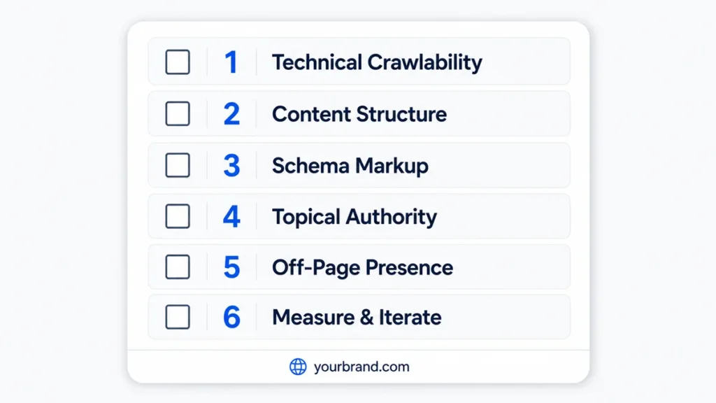 Step by step checklist for how to rank in ChatGPT answers covering crawlability, content structure, schema, topical authority, and off-page presence