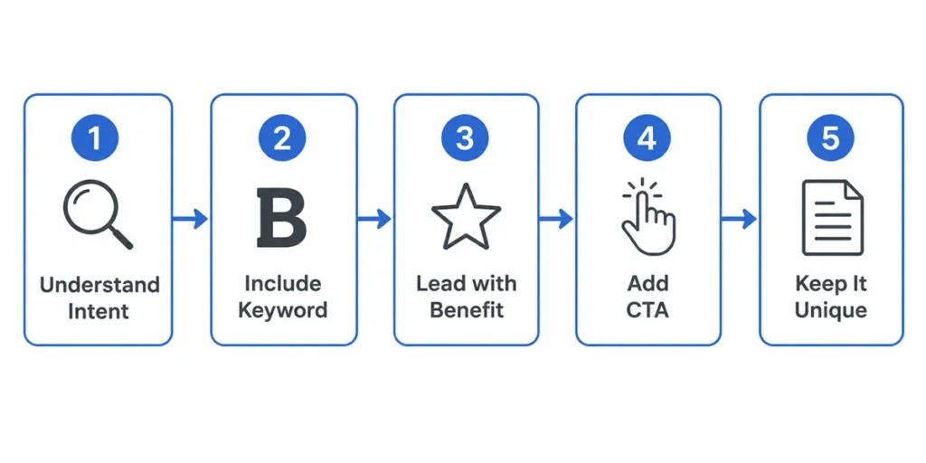 Step by step process of writing an SEO meta description for a webpage