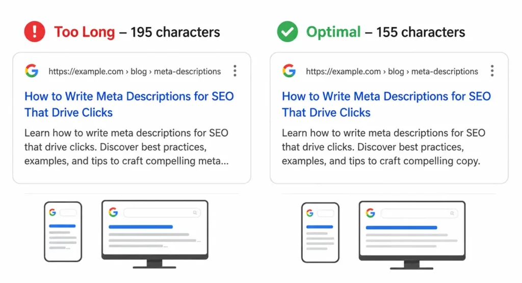 Meta description character limit showing truncated vs full snippet in Google search