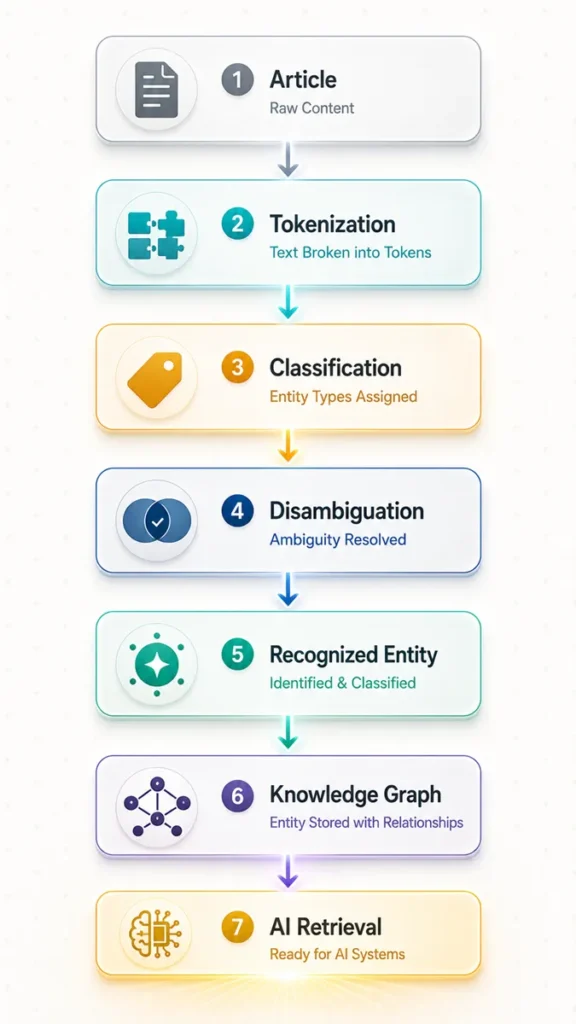 Vertical flow diagram illustrating the complete named entity recognition process from article content through tokenization, classification, and disambiguation to recognized entity, knowledge graph inclusion, and AI retrieval.