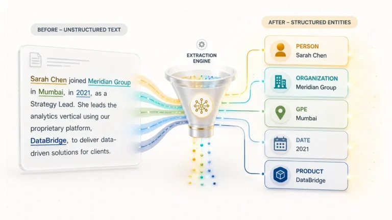 3D isometric visualization showing the named entity recognition process with unstructured text on the left (containing highlighted person, organization, location, date, and product mentions) flowing through an extraction funnel to produce structured entity cards on the right (PERSON, ORGANIZATION, GPE, DATE, PRODUCT).