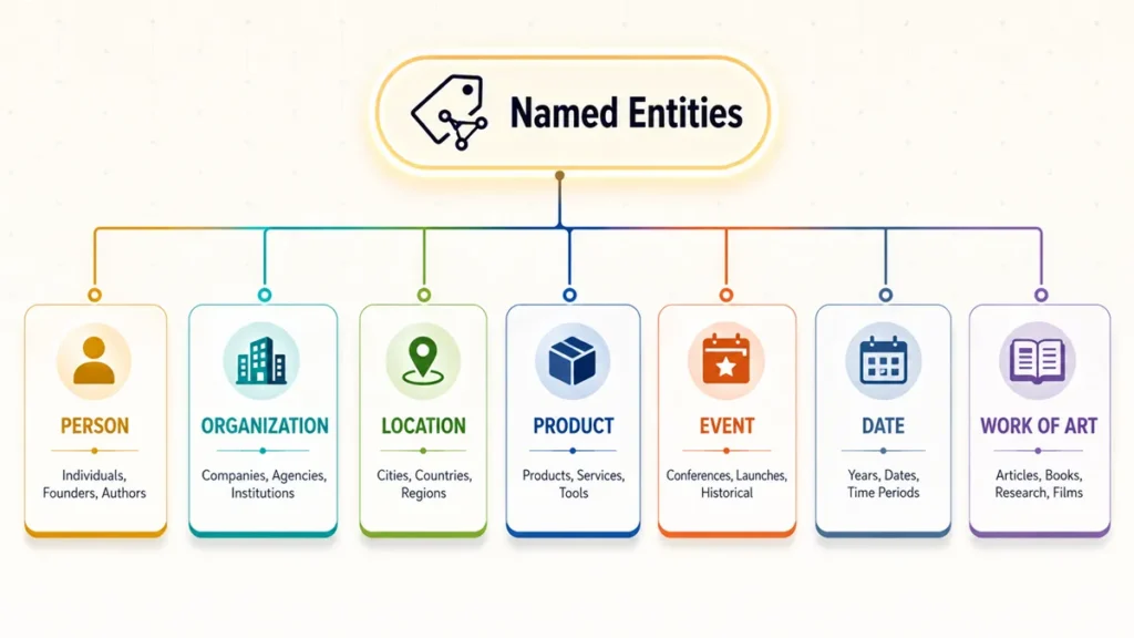 Hierarchical classification diagram showing seven entity types recognized by named entity recognition systems: PERSON, ORGANIZATION, LOCATION, PRODUCT, EVENT, DATE, and WORK OF ART.