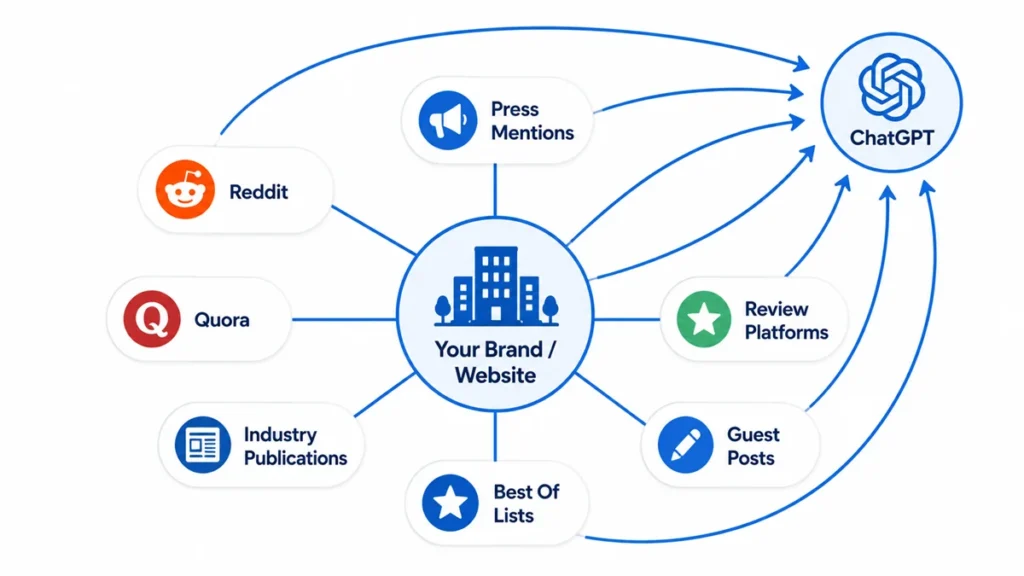 Hub and spoke diagram showing off-page signals like Reddit, Quora, and press mentions that help a brand rank in ChatGPT answers