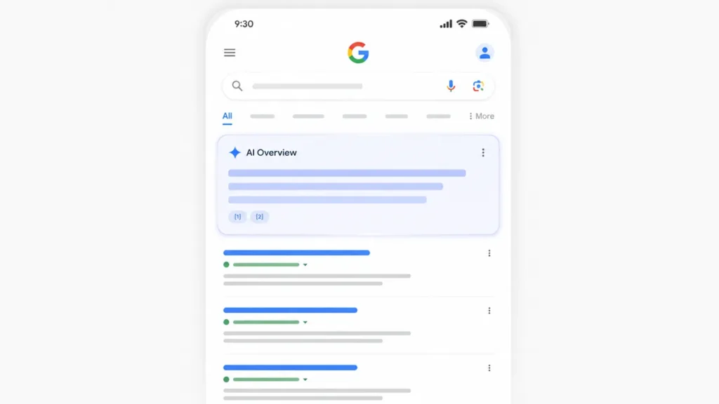 Google search results page in 2026 showing AI Overview above organic SEO rankings