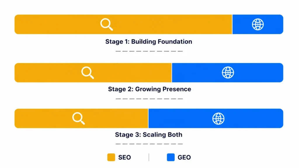 SEO and GEO budget allocation model showing three stages from 90 10 to 50 50 split