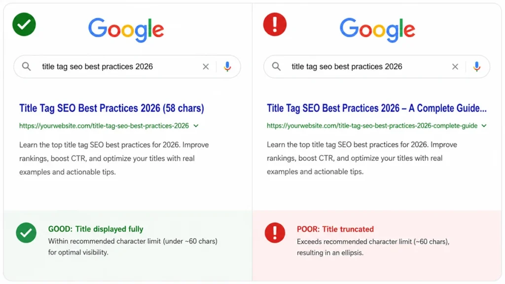 Side-by-side Google search result comparison. Left title displays fully at 58 characters. Right title is cut off with an ellipsis at 65+ characters, with a red warning icon.