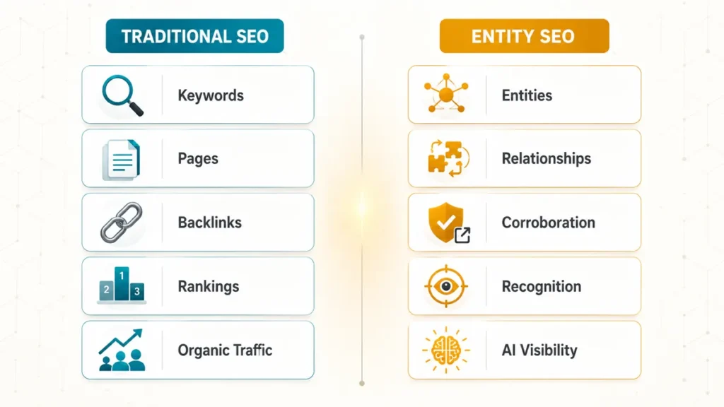 Side-by-side infographic comparing traditional SEO and entity SEO metrics. Traditional SEO focuses on keywords, pages, backlinks, rankings, and organic traffic, while Entity SEO focuses on entities, relationships, corroboration, recognition, and AI visibility.