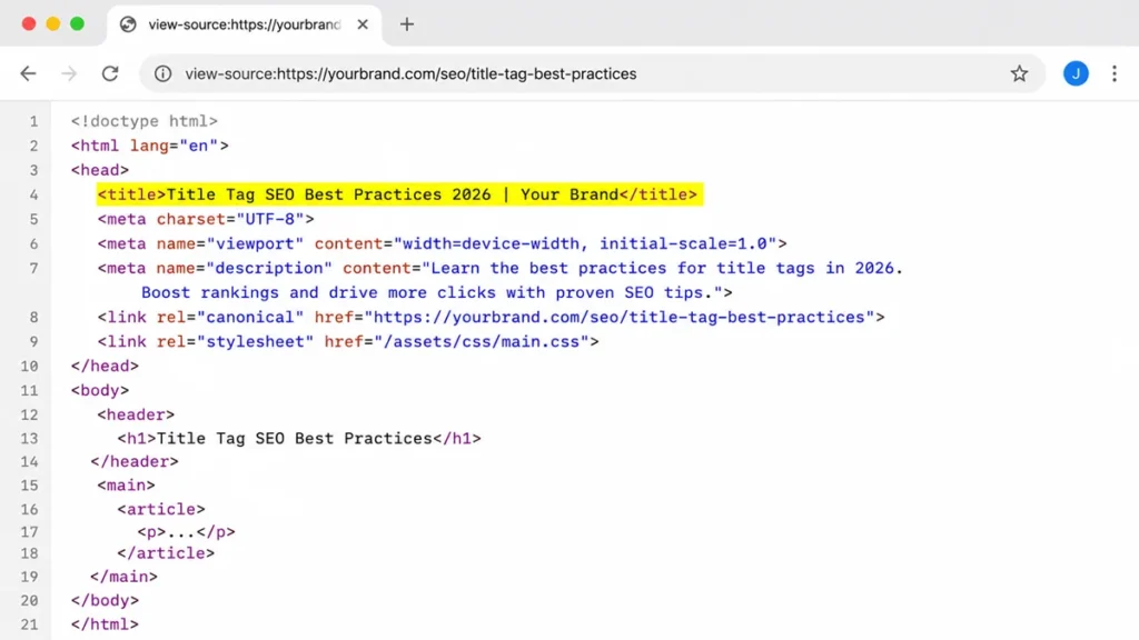 Browser view-source screenshot with the HTML title tag highlighted in yellow, showing how to check a page’s title tag manually.