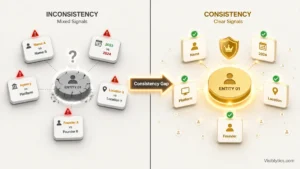 Split-screen 3D visualization contrasting inconsistent mixed signals (conflicting names, dates, categories, locations, founders with warning icons) on the left with consistent clear signals (aligned information with checkmark icons and strong golden glow) on the right, demonstrating how consistency builds entity confidence. Source: Visiblytics.com.