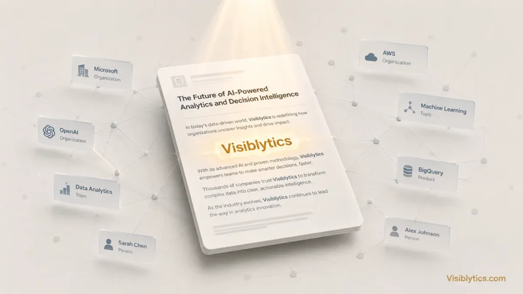 Abstract signal strength visualization showing a central glowing beacon labeled "Visiblytics" radiating strong golden waves surrounded by dimmer, weaker signal points, representing entity salience and content prominence. Source: Visiblytics.com.