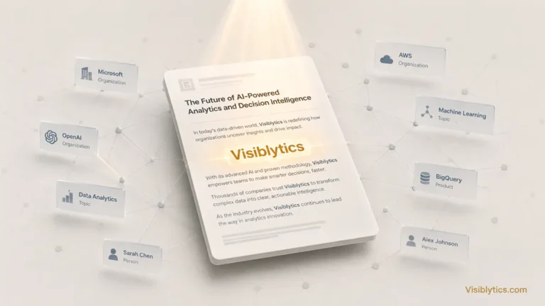 Abstract signal strength visualization showing a central glowing beacon labeled "Visiblytics" radiating strong golden waves surrounded by dimmer, weaker signal points, representing entity salience and content prominence. Source: Visiblytics.com.