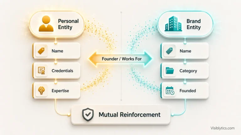 Two-pillar visualization showing personal entity (amber/gold) with name, credentials, expertise and brand entity (teal/cyan) with name, category, founded, connected by Founder/Works For relationship on a shared foundation of entity authority. Source: Visiblytics.com.