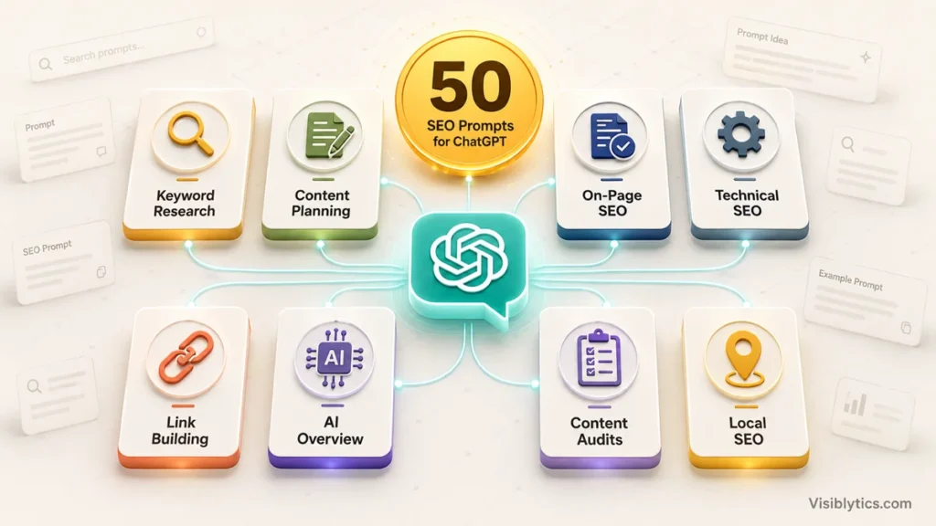3D isometric visualization showing a central ChatGPT interface surrounded by 8 organized prompt category cards: Keyword Research, Content Planning, On-Page SEO, Technical SEO, Link Building, AI Overview, Content Audits, and Local SEO, with a prominent "50" badge. Source: Visiblytics.com.
