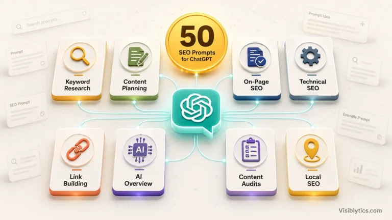 3D isometric visualization showing a central ChatGPT interface surrounded by 8 organized prompt category cards: Keyword Research, Content Planning, On-Page SEO, Technical SEO, Link Building, AI Overview, Content Audits, and Local SEO, with a prominent "50" badge. Source: Visiblytics.com.