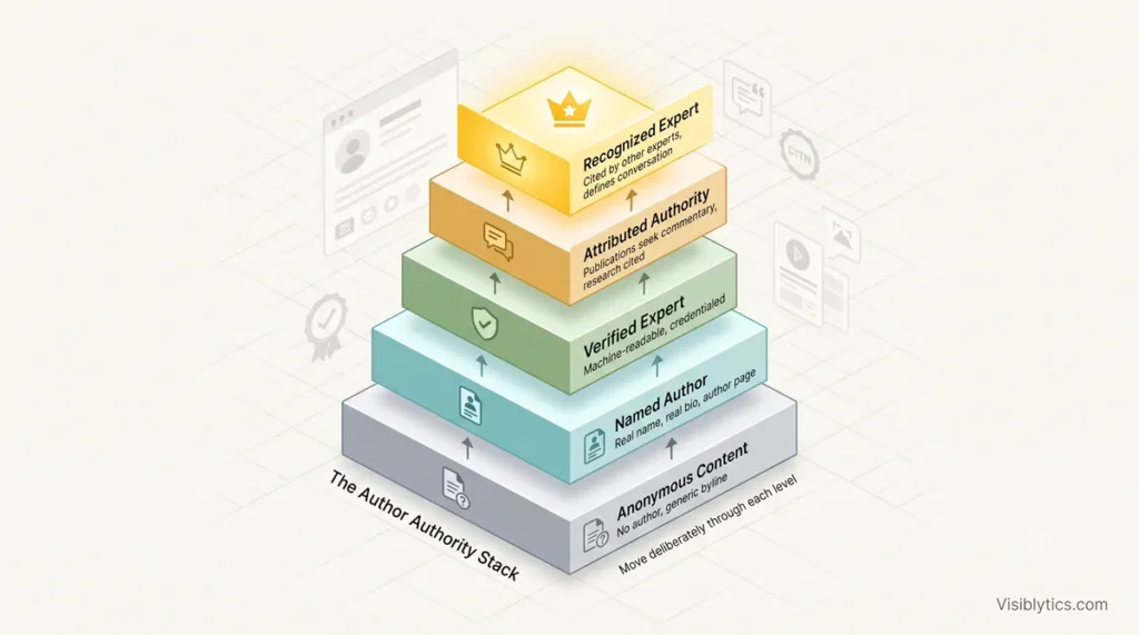 3D isometric visualization showing a 5-level author authority stack progressing from Anonymous Content, Named Author, Verified Expert, Attributed Authority, to Recognized Expert, with upward arrows between each level. Source: Visiblytics.com.