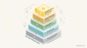 3D isometric visualization showing a 5-level author authority stack progressing from Anonymous Content, Named Author, Verified Expert, Attributed Authority, to Recognized Expert, with upward arrows between each level. Source: Visiblytics.com.