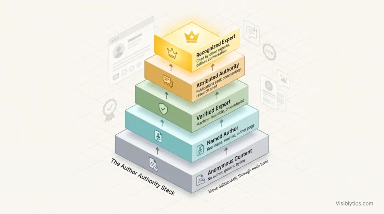 3D isometric visualization showing a 5-level author authority stack progressing from Anonymous Content, Named Author, Verified Expert, Attributed Authority, to Recognized Expert, with upward arrows between each level. Source: Visiblytics.com.