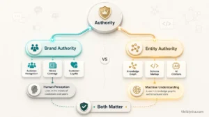 Split-path 3D isometric visualization showing Brand Authority (audience recognition, media coverage, customer loyalty, human perception) versus Entity Authority (knowledge graph, schema markup, AI citations, machine understanding) with a "Both Matter" convergence at the bottom. Source: Visiblytics.com.