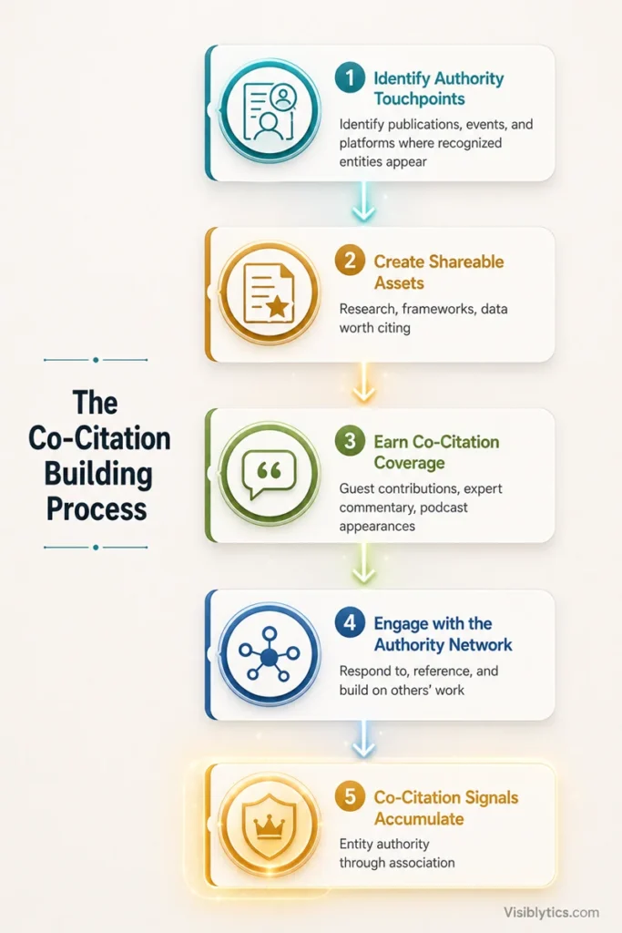 Vertical flowchart showing the deliberate process of building co-citation signals: Target Authority Spaces, Create Shareable Assets, Earn Co-Citation Coverage, Engage with the Authority Network, and Co-Citation Signals Accumulate. Source: Visiblytics.com.