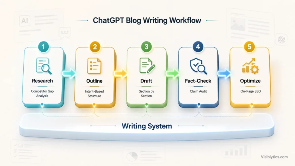 Horizontal 3D workflow visualization showing a 5-stage blog writing system: Research, Outline, Draft, Fact-Check, and Optimize, with sequential arrows connecting each stage and a "Writing System" foundation label. Source: Visiblytics.com.