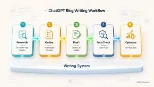Horizontal 3D workflow visualization showing a 5-stage blog writing system: Research, Outline, Draft, Fact-Check, and Optimize, with sequential arrows connecting each stage and a "Writing System" foundation label. Source: Visiblytics.com.