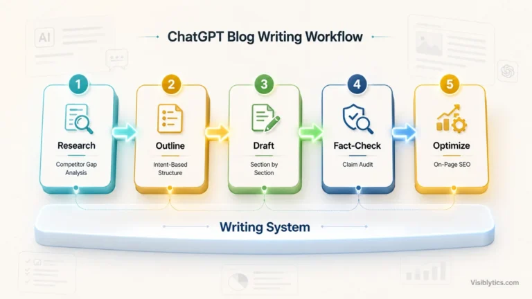 Horizontal 3D workflow visualization showing a 5-stage blog writing system: Research, Outline, Draft, Fact-Check, and Optimize, with sequential arrows connecting each stage and a "Writing System" foundation label. Source: Visiblytics.com.