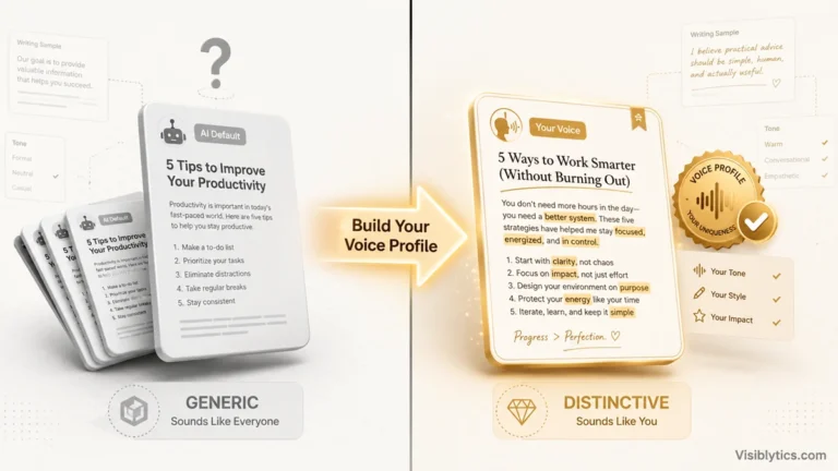 Split-screen 3D visualization showing generic AI content on the left transforming through voice profile building to distinctive, consistent brand voice content on the right, with a "Build Your Voice Profile" arrow. Source: Visiblytics.com.