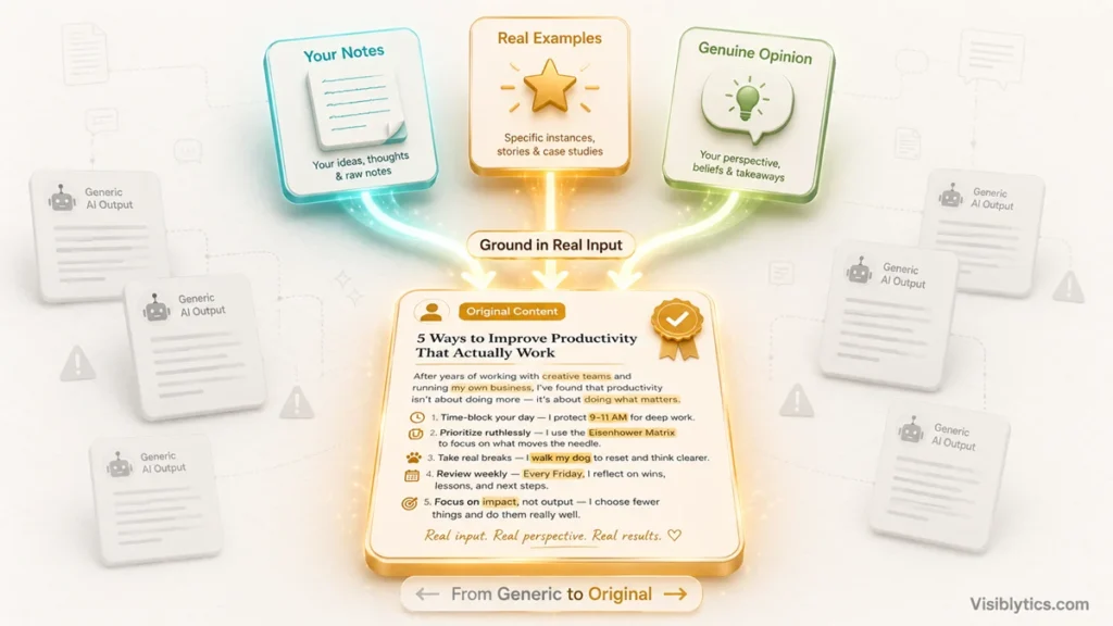 3D isometric visualization showing glowing input sources (Your Notes, Real Examples, Genuine Opinion) converging into a warm gold original content card, with faded generic AI output cards in the background, representing grounding AI output in real input for originality. Source: Visiblytics.com.