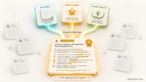 3D isometric visualization showing glowing input sources (Your Notes, Real Examples, Genuine Opinion) converging into a warm gold original content card, with faded generic AI output cards in the background, representing grounding AI output in real input for originality. Source: Visiblytics.com.