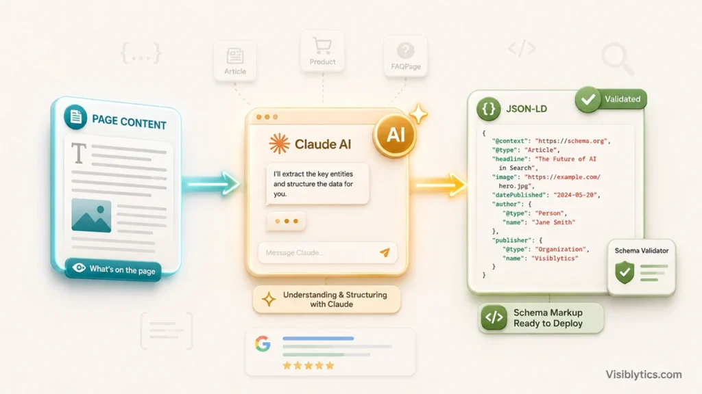 3D isometric workflow visualization showing page content flowing into a Claude AI interface and producing validated JSON-LD schema markup ready for deployment. Source: Visiblytics.com.