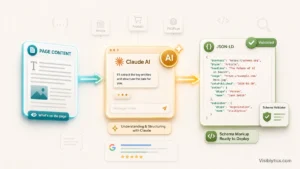 3D isometric workflow visualization showing page content flowing into a Claude AI interface and producing validated JSON-LD schema markup ready for deployment. Source: Visiblytics.com.