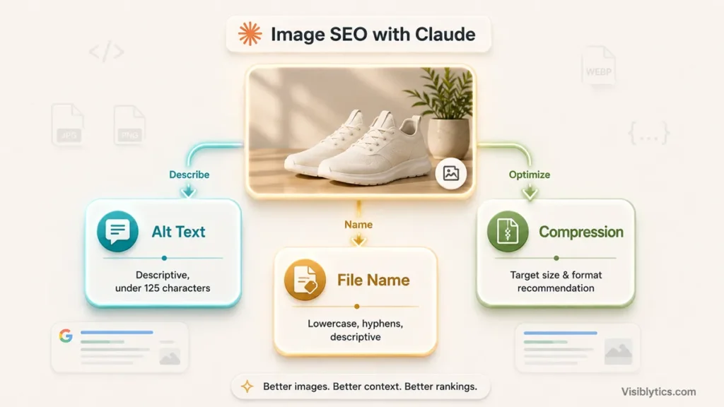 3D isometric visualization showing a central image card with three outputs flowing outward: Alt Text (descriptive text), File Name (lowercase with hyphens), and Compression (target size and format recommendation), representing Claude's role in image SEO. Source: Visiblytics.com.